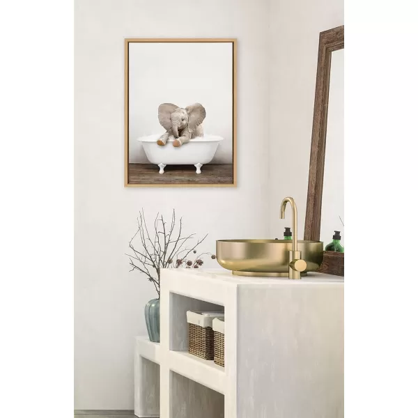 Kate and Laurel Sylvie Baby Elephant No 6 in Rustic Bath Framed Canvas Wall Art by Amy Peterson Art Studio 18x24 Gray Modern Fun Decorative Bathtub Wall Art for Home DcorNatural