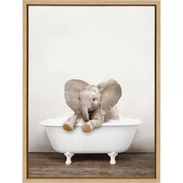 Kate and Laurel Sylvie Baby Elephant No 6 in Rustic Bath Framed Canvas Wall Art by Amy Peterson Art Studio 18x24 Gray Modern Fun Decorative Bathtub Wall Art for Home DcorNatural