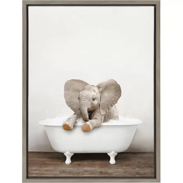 Kate and Laurel Sylvie Baby Elephant No 6 in Rustic Bath Framed Canvas Wall Art by Amy Peterson Art Studio 18x24 Gray Modern Fun Decorative Bathtub Wall Art for Home DcorGray