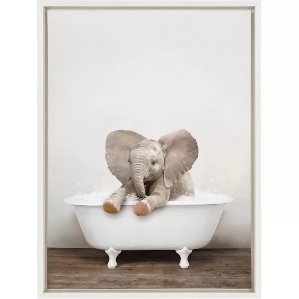 Kate and Laurel Sylvie Baby Elephant No 6 in Rustic Bath Framed Canvas Wall Art by Amy Peterson Art Studio 18x24 Gray Modern Fun Decorative Bathtub Wall Art for Home DcorWhite