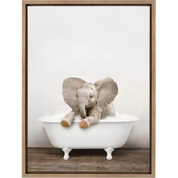 Kate and Laurel Sylvie Baby Elephant No 6 in Rustic Bath Framed Canvas Wall Art by Amy Peterson Art Studio 18x24 Gray Modern Fun Decorative Bathtub Wall Art for Home DcorGold