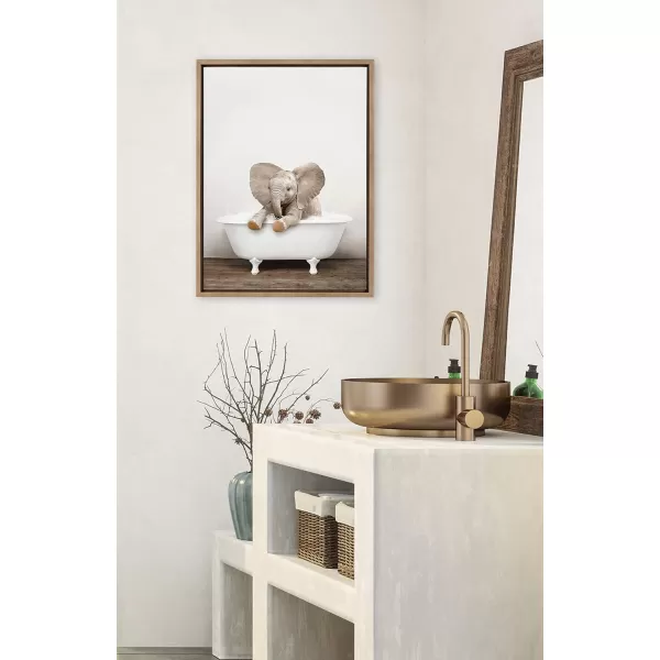 Kate and Laurel Sylvie Baby Elephant No 6 in Rustic Bath Framed Canvas Wall Art by Amy Peterson Art Studio 18x24 Gray Modern Fun Decorative Bathtub Wall Art for Home DcorGold