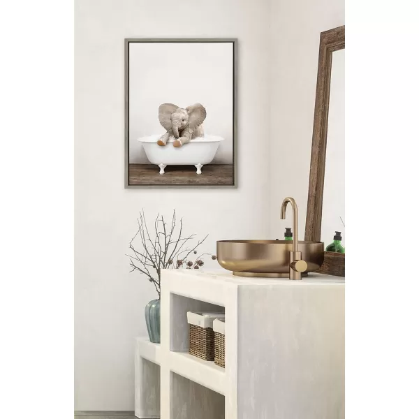 Kate and Laurel Sylvie Baby Elephant No 6 in Rustic Bath Framed Canvas Wall Art by Amy Peterson Art Studio 18x24 Gray Modern Fun Decorative Bathtub Wall Art for Home DcorGray