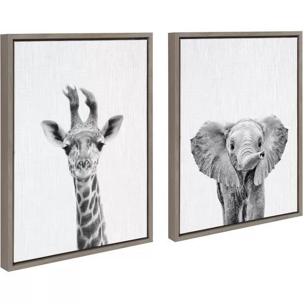 Kate and Laurel Sylvie Baby Giraffe and Baby Elephant Framed Canvas Wall Art by Simon Te of Tai Prints Set of 2 18x24 Gray Adorable Safari Animal ArtGrey