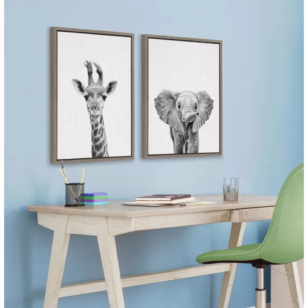 Kate and Laurel Sylvie Baby Giraffe and Baby Elephant Framed Canvas Wall Art by Simon Te of Tai Prints Set of 2 18x24 Gray Adorable Safari Animal ArtGrey