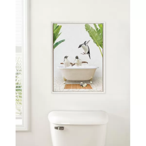 Kate and Laurel Sylvie Beaded Penguins Bali Bath Vintage Framed Canvas Wall Art by Amy Peterson 18x24 White Modern Cute Animal Bathtub Art for Wall