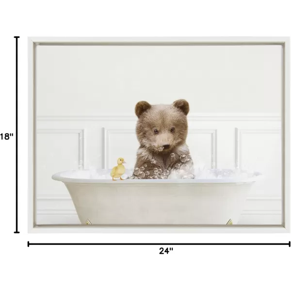 Kate and Laurel Sylvie Bear Cub In Bubble Bath Neutral Style Framed Canvas Wall Art by Amy Peterson Art Studio 18x24 Natural Adorable Animal Art for BathroomWhite