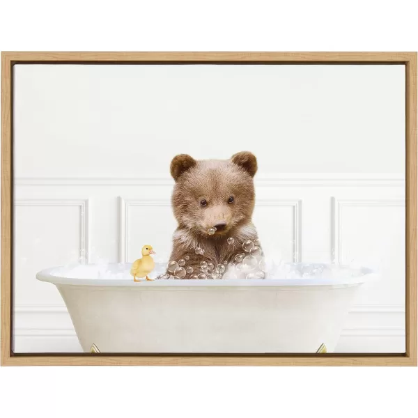 Kate and Laurel Sylvie Bear Cub In Bubble Bath Neutral Style Framed Canvas Wall Art by Amy Peterson Art Studio 18x24 Natural Adorable Animal Art for BathroomNatural