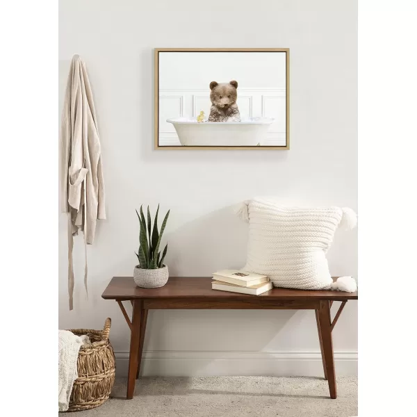 Kate and Laurel Sylvie Bear Cub In Bubble Bath Neutral Style Framed Canvas Wall Art by Amy Peterson Art Studio 18x24 Natural Adorable Animal Art for BathroomNatural