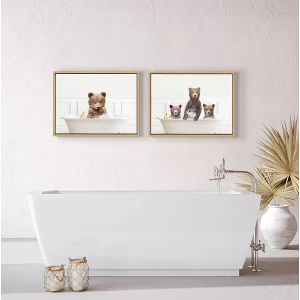 Kate and Laurel Sylvie Bear Cub In Bubble Bath Neutral Style Framed Canvas Wall Art by Amy Peterson Art Studio 18x24 Natural Adorable Animal Art for BathroomNatural