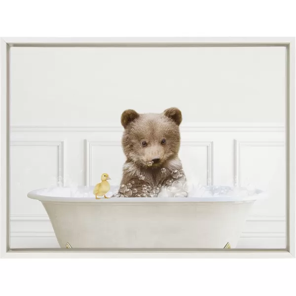 Kate and Laurel Sylvie Bear Cub In Bubble Bath Neutral Style Framed Canvas Wall Art by Amy Peterson Art Studio 18x24 Natural Adorable Animal Art for BathroomWhite