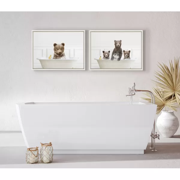 Kate and Laurel Sylvie Bear Cub In Bubble Bath Neutral Style Framed Canvas Wall Art by Amy Peterson Art Studio 18x24 Natural Adorable Animal Art for BathroomWhite