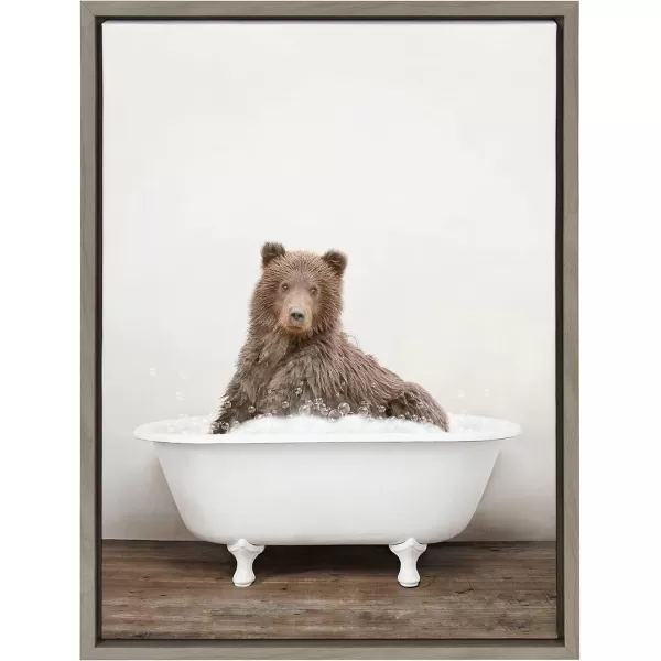 Kate and Laurel Sylvie Bear Rustic Bubble Bath Framed Canvas Wall Art by Amy Peterson Art Studio 18x24 Brown Modern Fun Decorative Bathtub Wall Art for Home Dcor18x24