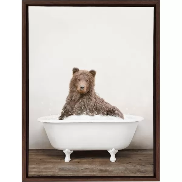 Kate and Laurel Sylvie Bear Rustic Bubble Bath Framed Canvas Wall Art by Amy Peterson Art Studio 18x24 Brown Modern Fun Decorative Bathtub Wall Art for Home Dcor18x24