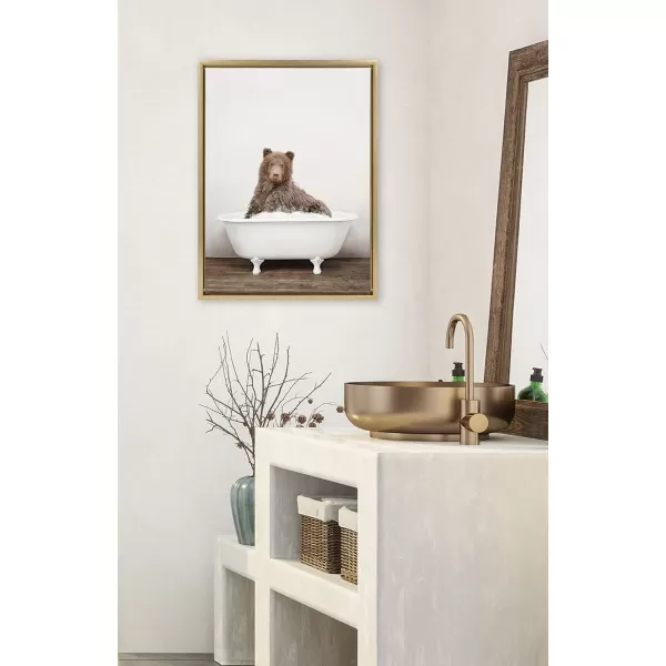 Kate and Laurel Sylvie Bear Rustic Bubble Bath Framed Canvas Wall Art by Amy Peterson Art Studio 18x24 Brown Modern Fun Decorative Bathtub Wall Art for Home Dcor18x24
