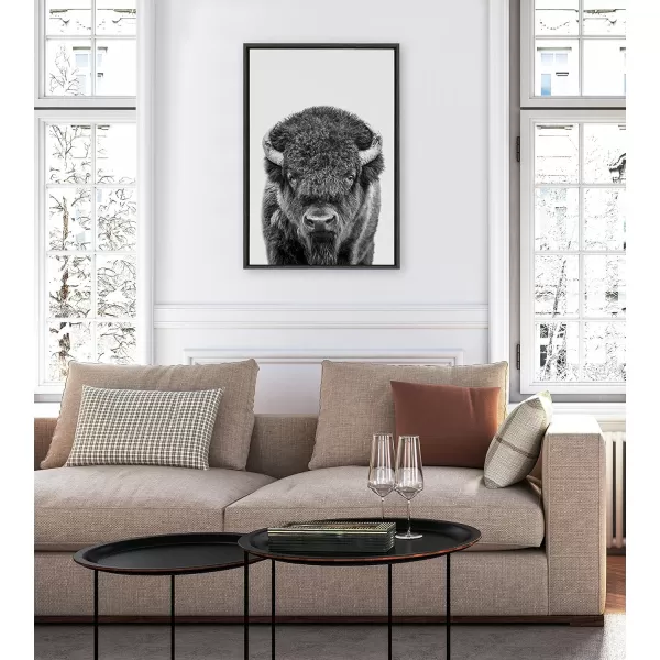 Kate and Laurel Sylvie Bison Portrait Black and White Framed Canvas Wall Art by Amy Peterson Art Studio 23x33 Gray Modern Animal Portrait Art for WallGray