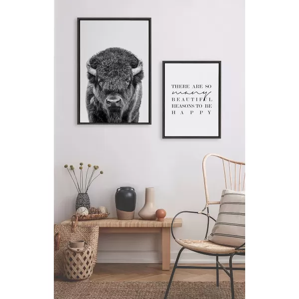 Kate and Laurel Sylvie Bison Portrait Black and White Framed Canvas Wall Art by Amy Peterson Art Studio 23x33 Gray Modern Animal Portrait Art for WallGray