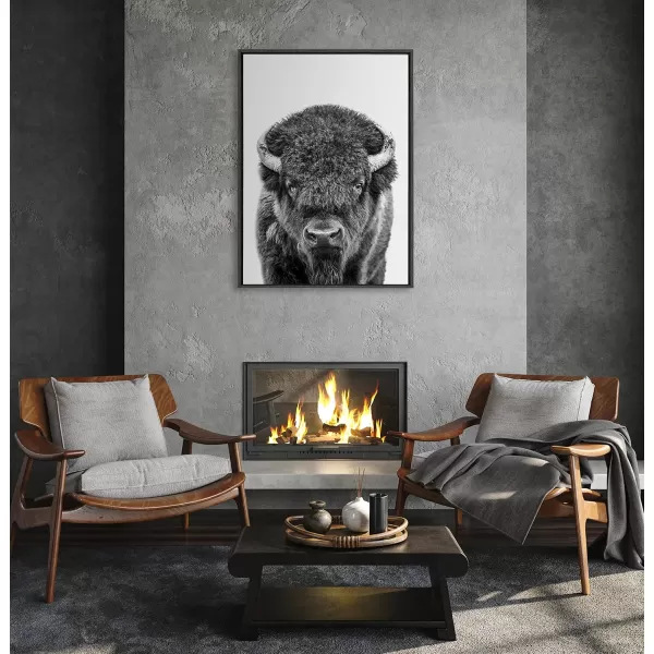 Kate and Laurel Sylvie Bison Portrait Black and White Framed Canvas Wall Art by Amy Peterson Art Studio 23x33 Gray Modern Animal Portrait Art for WallGray