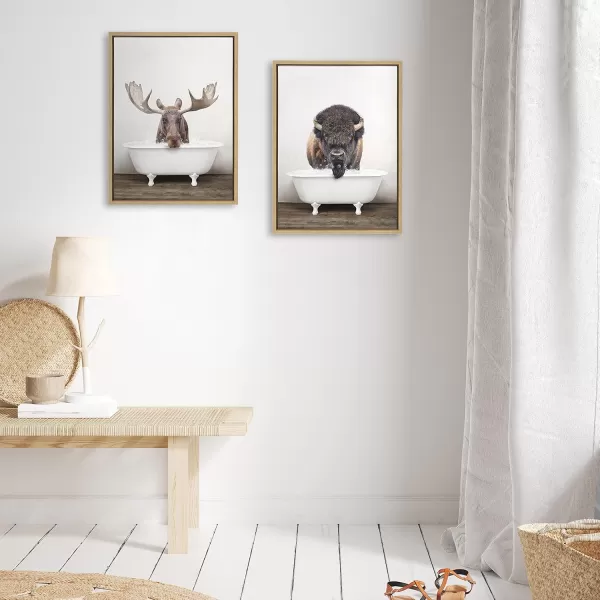 Kate and Laurel Sylvie Bison Rustic Bubble Bath and Moose Rustic Bubble Bath Framed Canvas Art Set by Amy Peterson Art Studio 2 Piece Set 18x24 Natural Bathroom Prairie Animal Wall Art Dcor Set