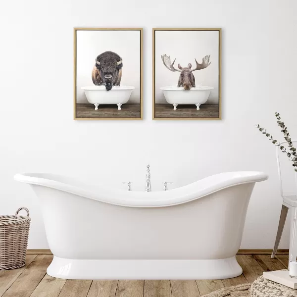 Kate and Laurel Sylvie Bison Rustic Bubble Bath and Moose Rustic Bubble Bath Framed Canvas Art Set by Amy Peterson Art Studio 2 Piece Set 18x24 Natural Bathroom Prairie Animal Wall Art Dcor Set