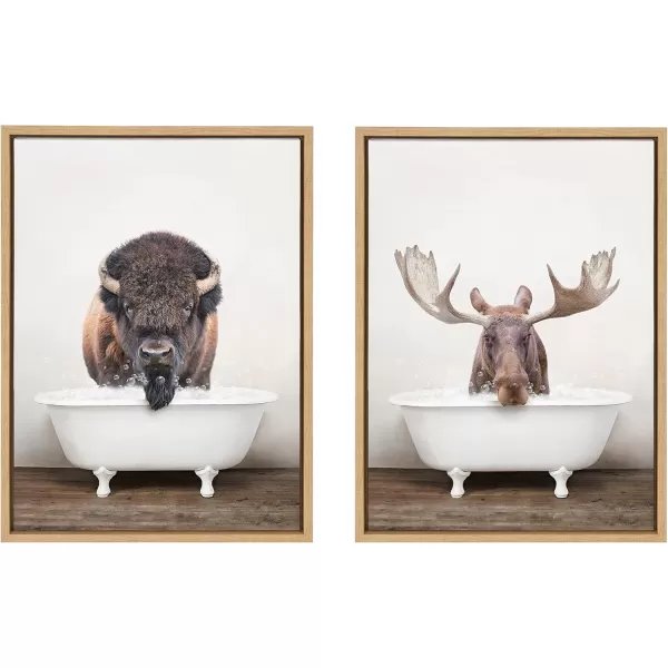 Kate and Laurel Sylvie Bison Rustic Bubble Bath and Moose Rustic Bubble Bath Framed Canvas Art Set by Amy Peterson Art Studio 2 Piece Set 18x24 Natural Bathroom Prairie Animal Wall Art Dcor Set