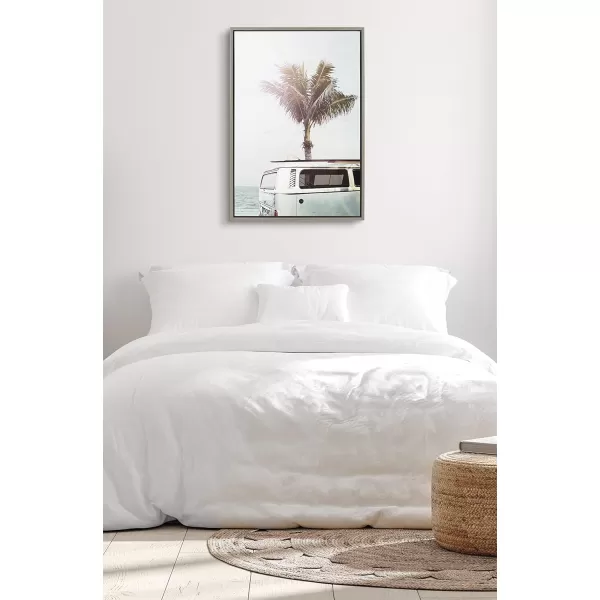 Kate and Laurel Sylvie Blue Beach Van Framed Canvas Wall Art by Amy Peterson Art Studio 18x24 White Soft Coastal Ocean Beach Art for WallGray