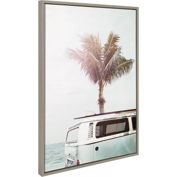 Kate and Laurel Sylvie Blue Beach Van Framed Canvas Wall Art by Amy Peterson Art Studio 18x24 White Soft Coastal Ocean Beach Art for WallGray