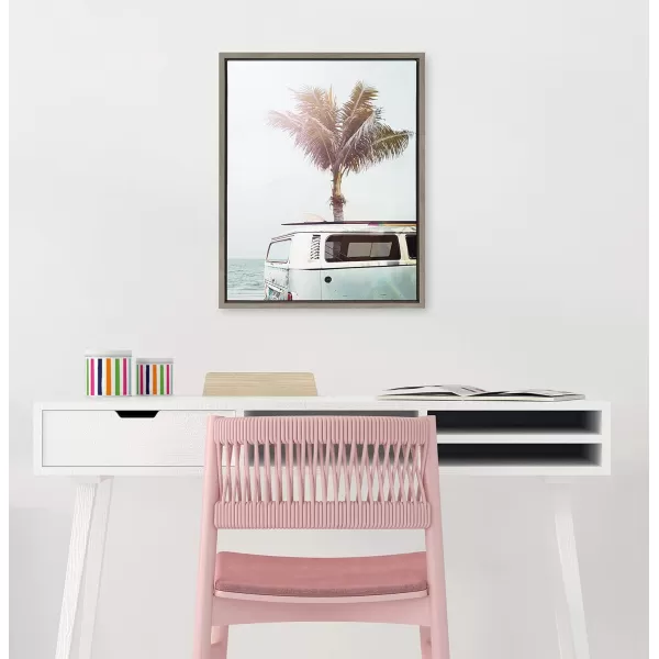 Kate and Laurel Sylvie Blue Beach Van Framed Canvas Wall Art by Amy Peterson Art Studio 18x24 White Soft Coastal Ocean Beach Art for WallGrey