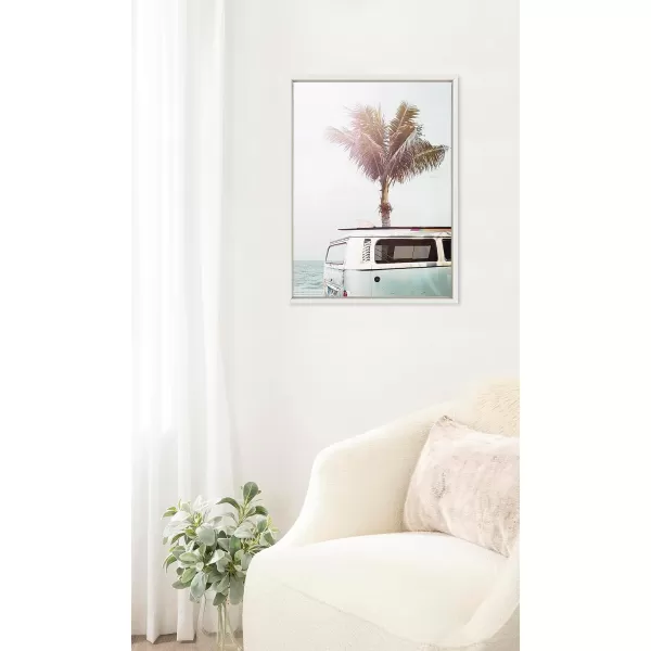 Kate and Laurel Sylvie Blue Beach Van Framed Canvas Wall Art by Amy Peterson Art Studio 18x24 White Soft Coastal Ocean Beach Art for WallWhite