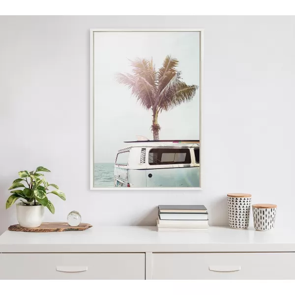 Kate and Laurel Sylvie Blue Beach Van Framed Canvas Wall Art by Amy Peterson Art Studio 18x24 White Soft Coastal Ocean Beach Art for WallWhite
