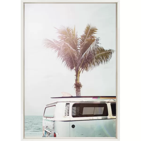 Kate and Laurel Sylvie Blue Beach Van Framed Canvas Wall Art by Amy Peterson Art Studio 18x24 White Soft Coastal Ocean Beach Art for WallWhite