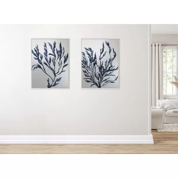 Kate and Laurel Sylvie Blue Ocean Coastal Nautical Coral Watercolor 1 Framed Metallic Canvas Wall Art by The Creative Bunch Studio 28x38 White Sea Coast Blue Art for WallWhite  Nautical 2