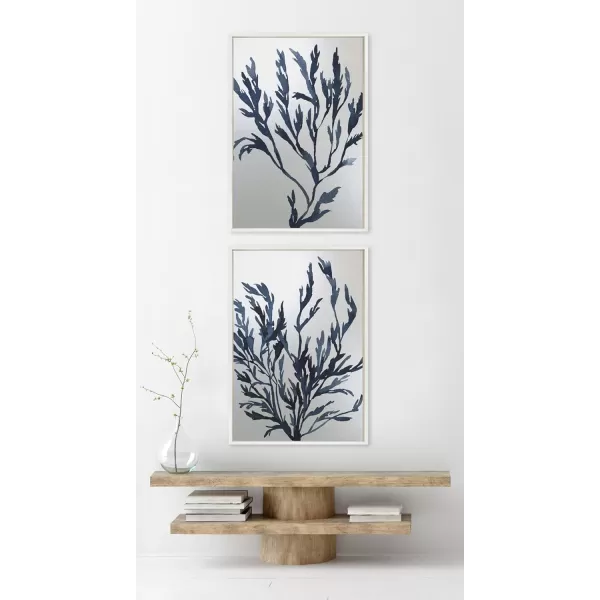 Kate and Laurel Sylvie Blue Ocean Coastal Nautical Coral Watercolor 1 Framed Metallic Canvas Wall Art by The Creative Bunch Studio 28x38 White Sea Coast Blue Art for WallWhite  Nautical 2