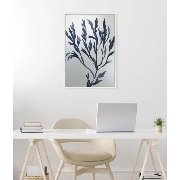 Kate and Laurel Sylvie Blue Ocean Coastal Nautical Coral Watercolor 1 Framed Metallic Canvas Wall Art by The Creative Bunch Studio 28x38 White Sea Coast Blue Art for WallWhite  Nautical 1