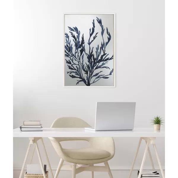 Kate and Laurel Sylvie Blue Ocean Coastal Nautical Coral Watercolor 1 Framed Metallic Canvas Wall Art by The Creative Bunch Studio 28x38 White Sea Coast Blue Art for WallWhite  Nautical 2