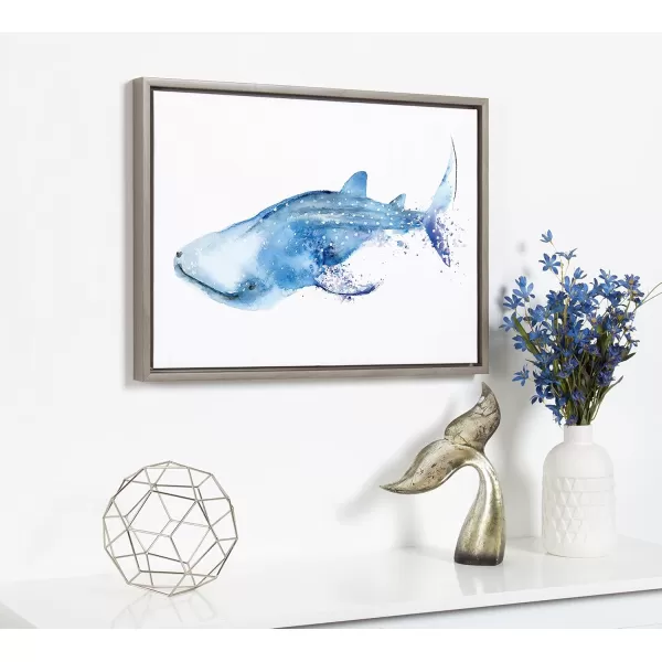 Kate and Laurel Sylvie Blue and White Swimming Whale Shark Framed Watercolor Print on Canvas by Cathy Zhang 18x24 Gray