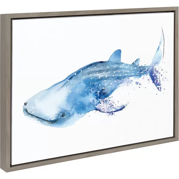Kate and Laurel Sylvie Blue and White Swimming Whale Shark Framed Watercolor Print on Canvas by Cathy Zhang 18x24 Gray