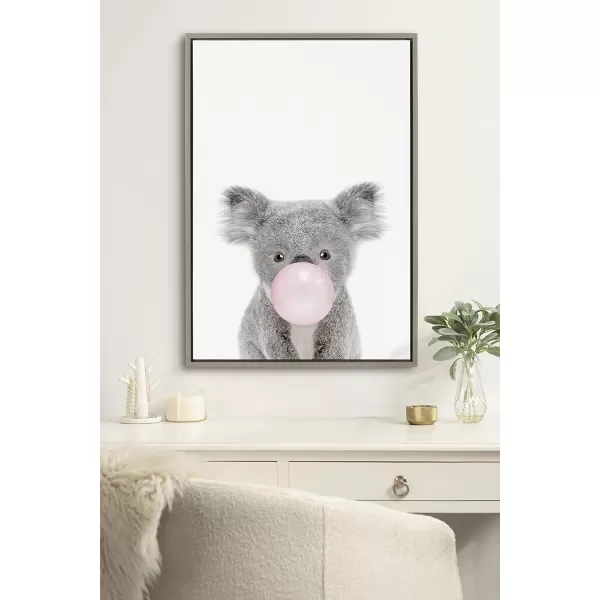 Kate and Laurel Sylvie Bubble Gum Koala Framed Canvas Wall Art by Amy Peterson Art Studio 18x24 Gray Whimsical Zoo Animal Art for WallGray