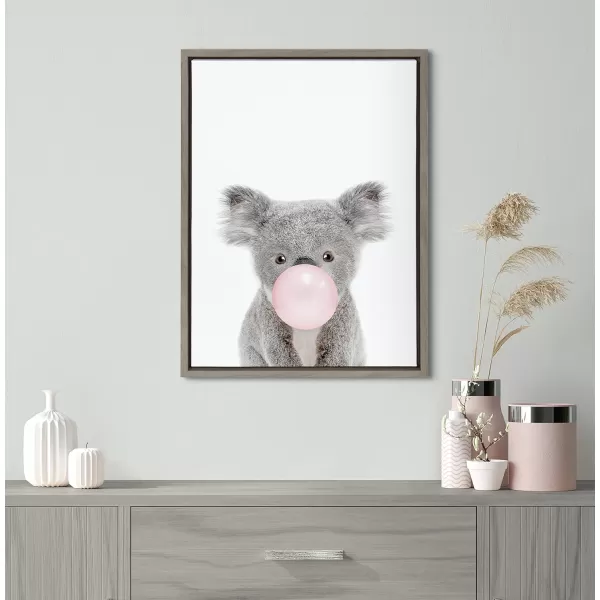 Kate and Laurel Sylvie Bubble Gum Koala Framed Canvas Wall Art by Amy Peterson Art Studio 18x24 Gray Whimsical Zoo Animal Art for WallGray