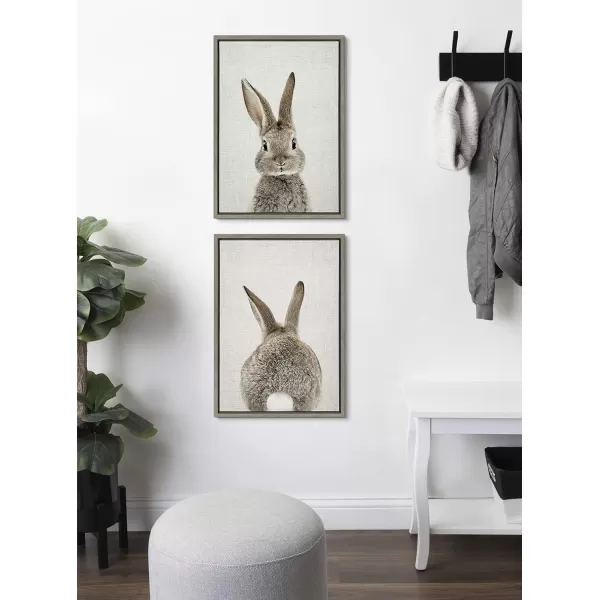 Kate and Laurel Sylvie Bunny Portrait on Linen and Bunny Tail on Linen Framed Canvas Wall Art by Amy Peterson Art Studio 2 Piece 18x24 Gold Decorative Animal Art for WallGray