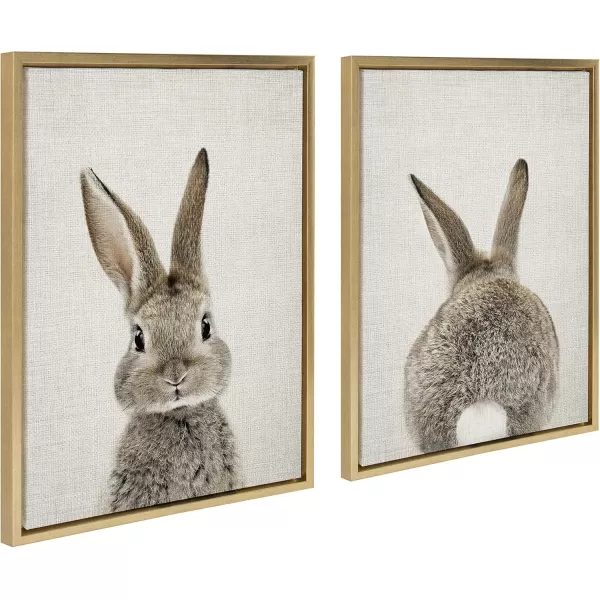 Kate and Laurel Sylvie Bunny Portrait on Linen and Bunny Tail on Linen Framed Canvas Wall Art by Amy Peterson Art Studio 2 Piece 18x24 Gold Decorative Animal Art for WallGold