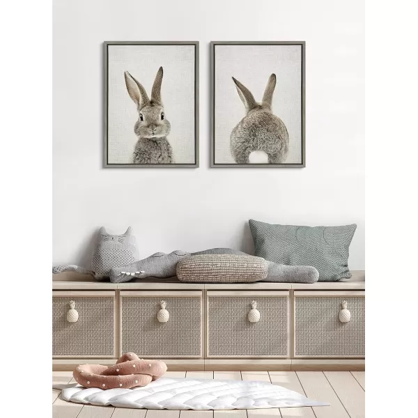 Kate and Laurel Sylvie Bunny Portrait on Linen and Bunny Tail on Linen Framed Canvas Wall Art by Amy Peterson Art Studio 2 Piece 18x24 Gold Decorative Animal Art for WallGray