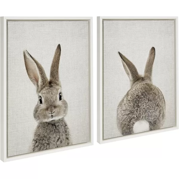 Kate and Laurel Sylvie Bunny Portrait on Linen and Bunny Tail on Linen Framed Canvas Wall Art by Amy Peterson Art Studio 2 Piece 18x24 Gold Decorative Animal Art for WallWhite