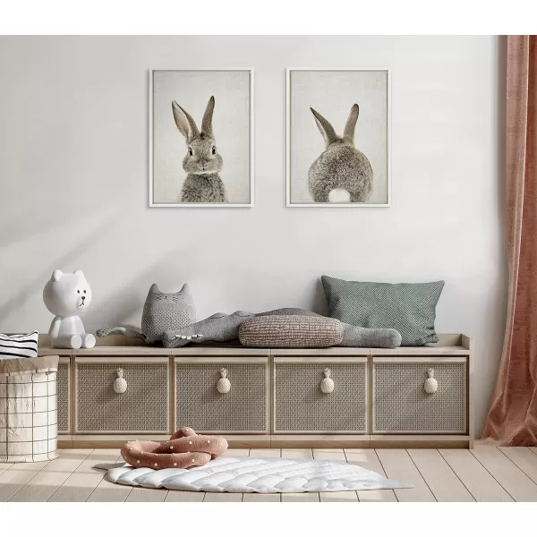 Kate and Laurel Sylvie Bunny Portrait on Linen and Bunny Tail on Linen Framed Canvas Wall Art by Amy Peterson Art Studio 2 Piece 18x24 Gold Decorative Animal Art for WallWhite