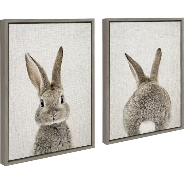 Kate and Laurel Sylvie Bunny Portrait on Linen and Bunny Tail on Linen Framed Canvas Wall Art by Amy Peterson Art Studio 2 Piece 18x24 Gold Decorative Animal Art for WallGray