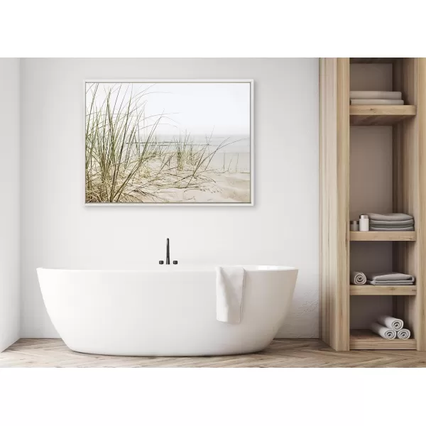 Kate and Laurel Sylvie Calming Beach Grass Framed Canvas Wall Art by The Creative Bunch Studio 18x40 White Natural Ocean Grasses Landscape Art for WallWhite