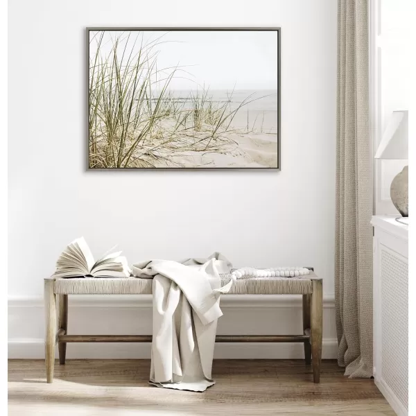 Kate and Laurel Sylvie Calming Beach Grass Framed Canvas Wall Art by The Creative Bunch Studio 18x40 White Natural Ocean Grasses Landscape Art for WallGray