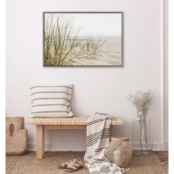 Kate and Laurel Sylvie Calming Beach Grass Framed Canvas Wall Art by The Creative Bunch Studio 18x40 White Natural Ocean Grasses Landscape Art for WallGray