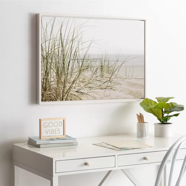 Kate and Laurel Sylvie Calming Beach Grass Framed Canvas Wall Art by The Creative Bunch Studio 18x40 White Natural Ocean Grasses Landscape Art for WallWhite