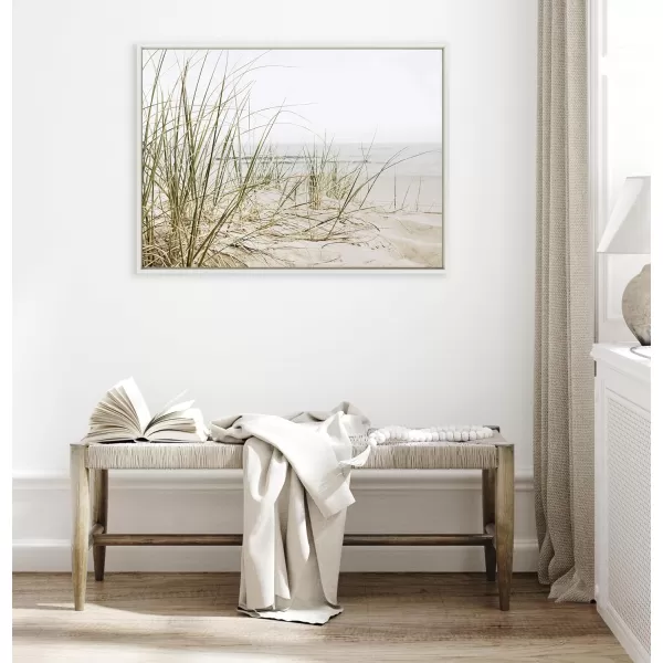 Kate and Laurel Sylvie Calming Beach Grass Framed Canvas Wall Art by The Creative Bunch Studio 18x40 White Natural Ocean Grasses Landscape Art for WallWhite